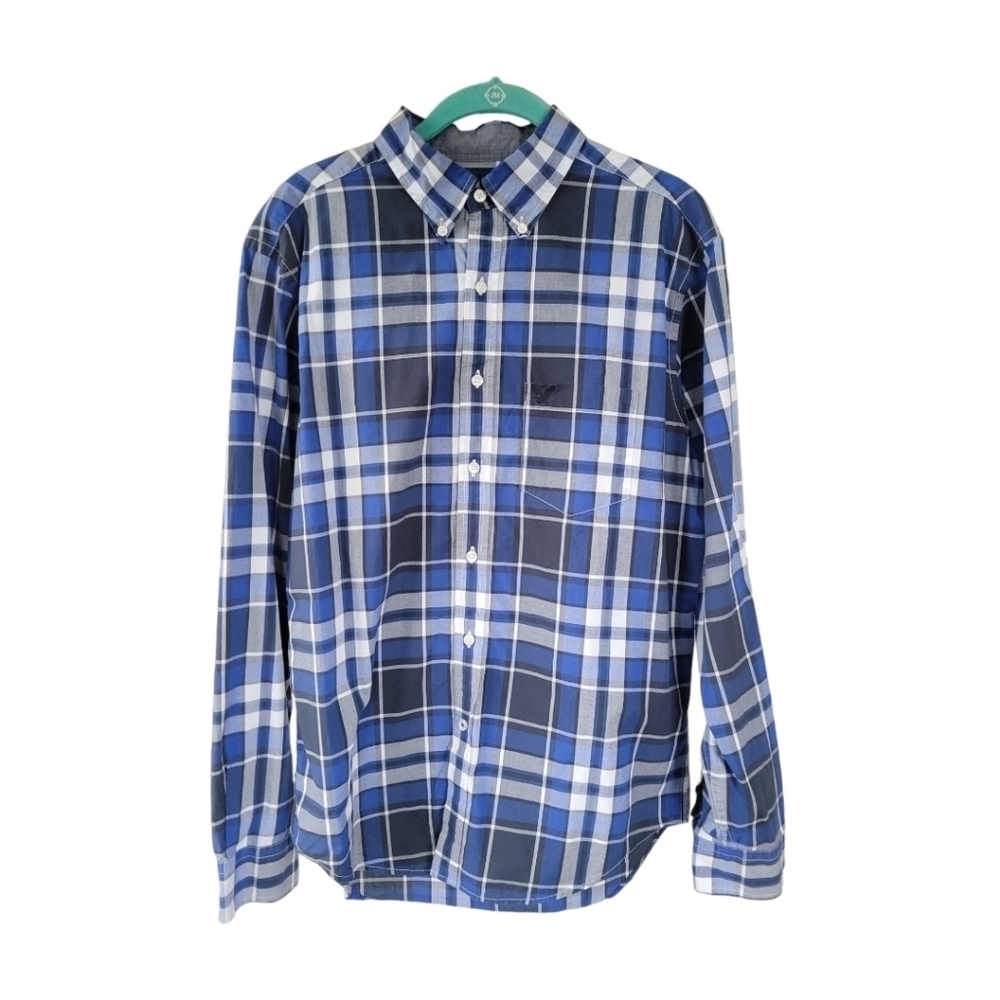 American Eagle Plaid Button Down Shirt M Blue Classic Fit Preppy Academia